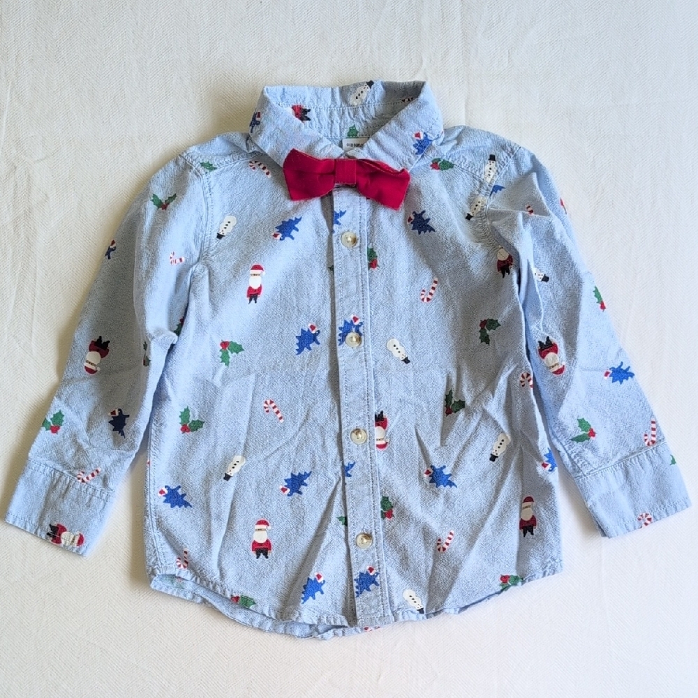 old navy christmas dinosaur bowtie cotton button down dress shirt 2T toddler boy